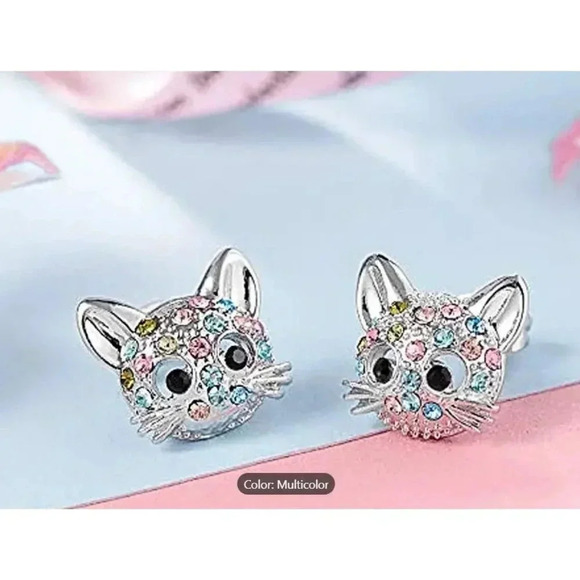 Sparkly Colorful Rhinestones & Silverplated Kitty Cat Earrings & Necklace Set - Picture 2 of 4